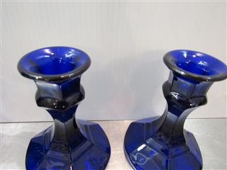 VINTAGE LOT OF 7 COBALT BLUE GLASS CANDLE HOLDERS